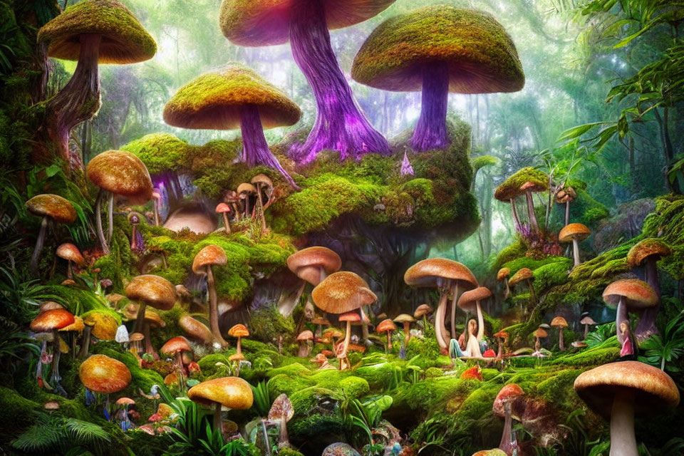 Colorful oversized mushrooms in an enchanting forest with a fairy-like figure