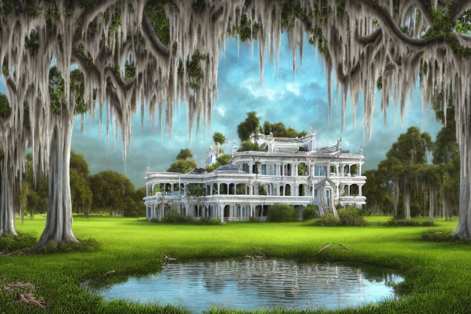 White mansion with balconies and lush greenery by serene pond