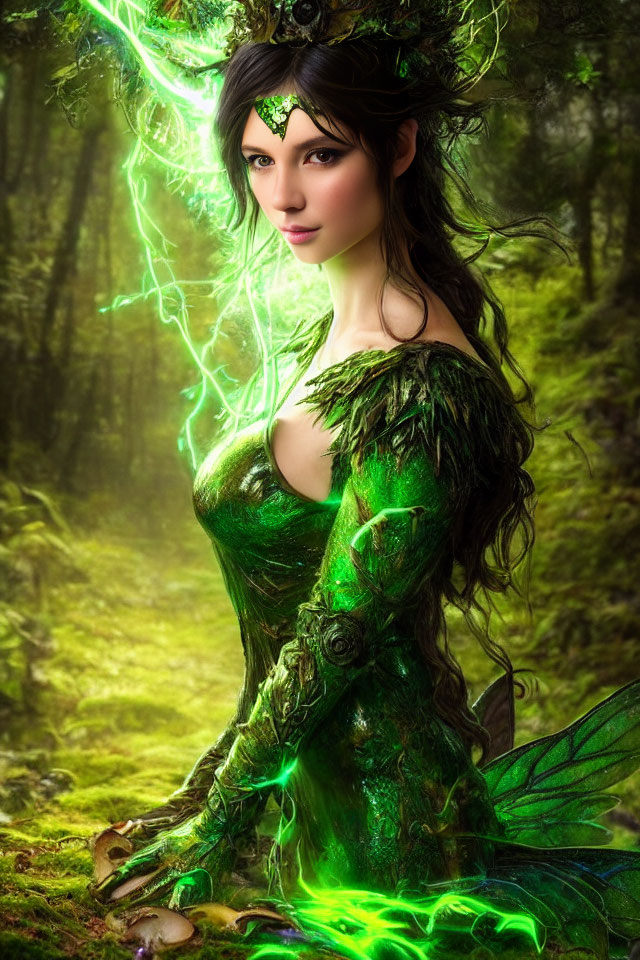 Green Glowing Fairy in Nature-Inspired Outfit