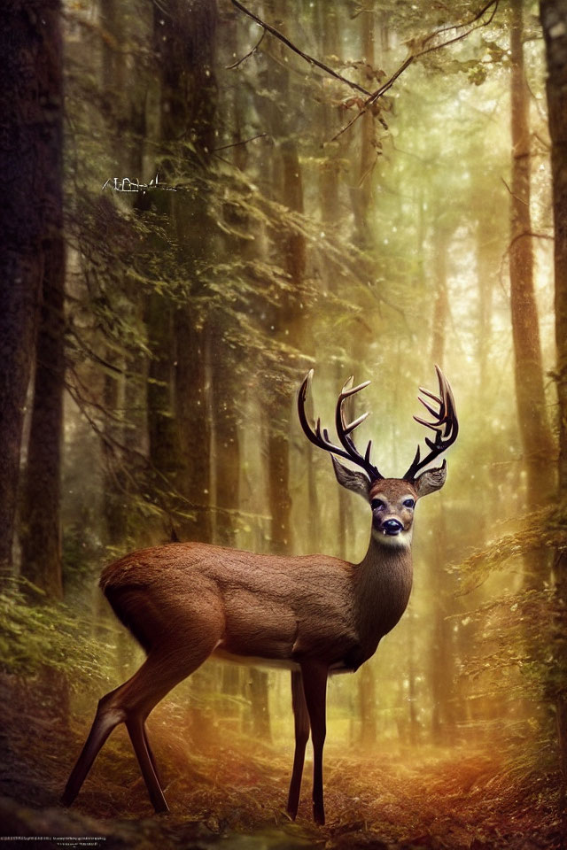 Majestic deer with large antlers in sunlit forest