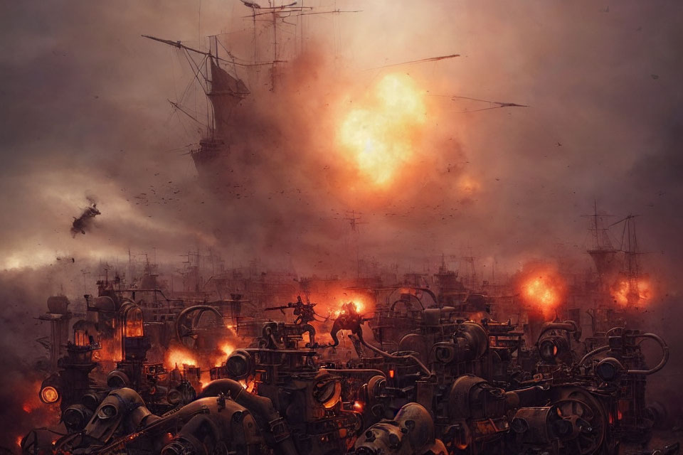 Dystopian battle scene with steampunk machinery and exploding ships