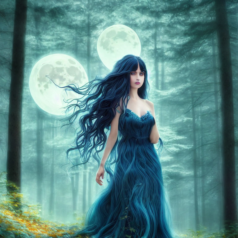 Woman with long dark hair in blue dress in mystical forest under two full moons
