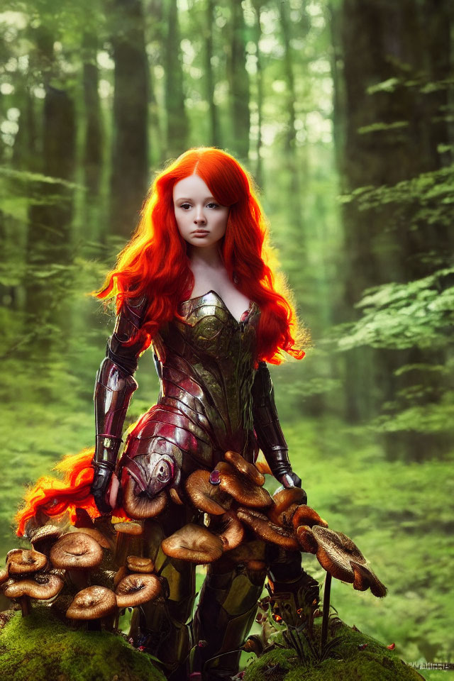 Fantasy armor woman with red hair in mystical forest with mushrooms
