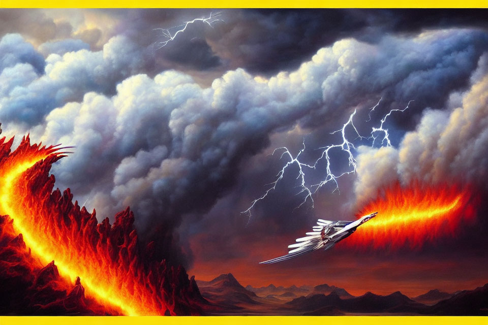 White dragon flying over fiery landscape under storm clouds