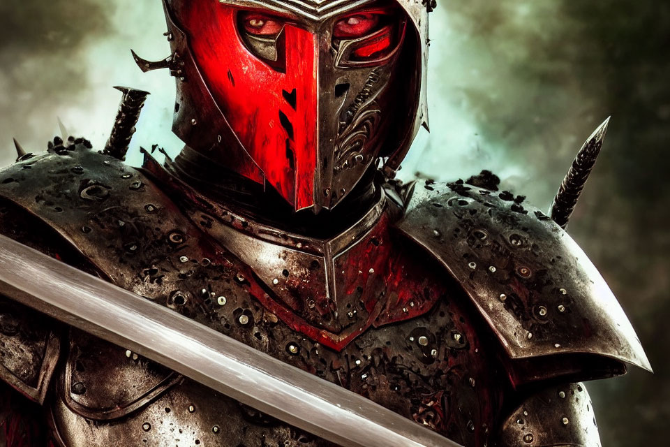 Detailed Dark Medieval Armor with Red Accents and Drawn Sword in Misty Setting