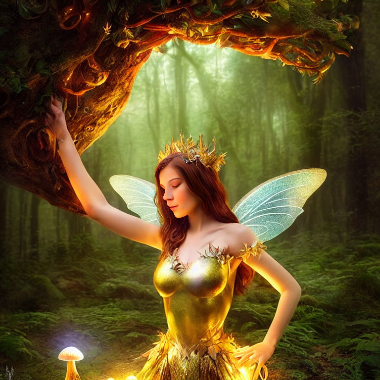 Enchanting fairy with iridescent wings in mystical forest