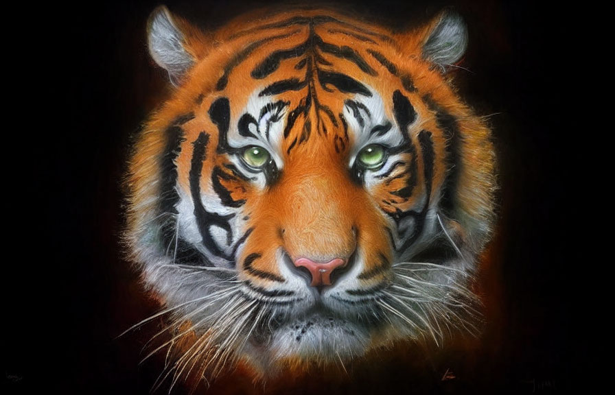 Detailed Tiger Portrait with Intense Green Eyes on Dark Background