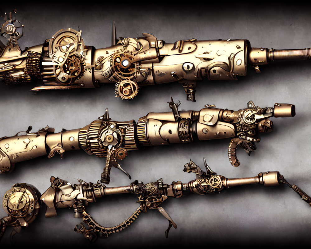 Steampunk-style ray guns with intricate gears on metallic background