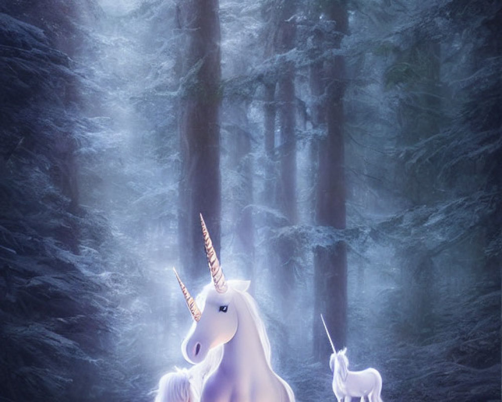 Mystical forest scene with two unicorns under ethereal light
