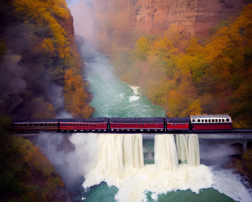 Train crossing bridge over waterfall in misty autumn canyon