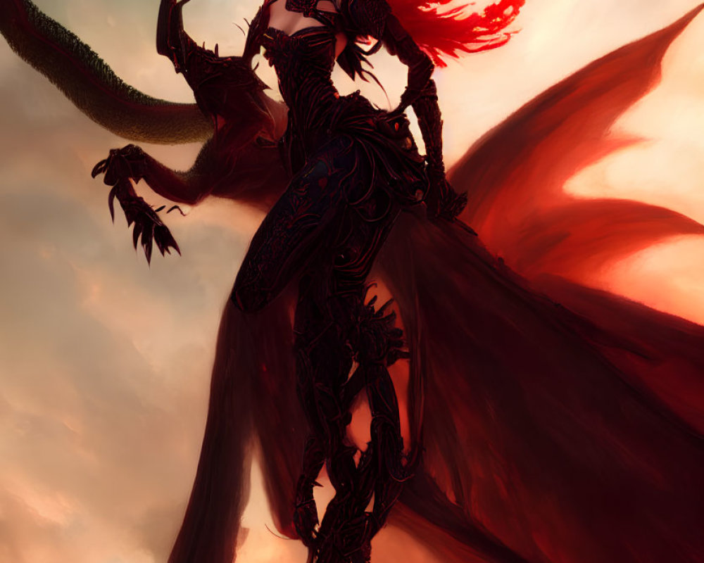 Fantasy warrior woman with red wings and dragon under dramatic red sky