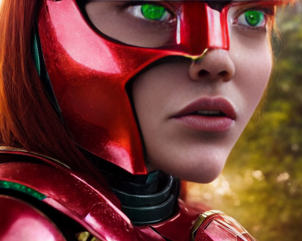 Person with green eyes in red superhero helmet with glowing lenses