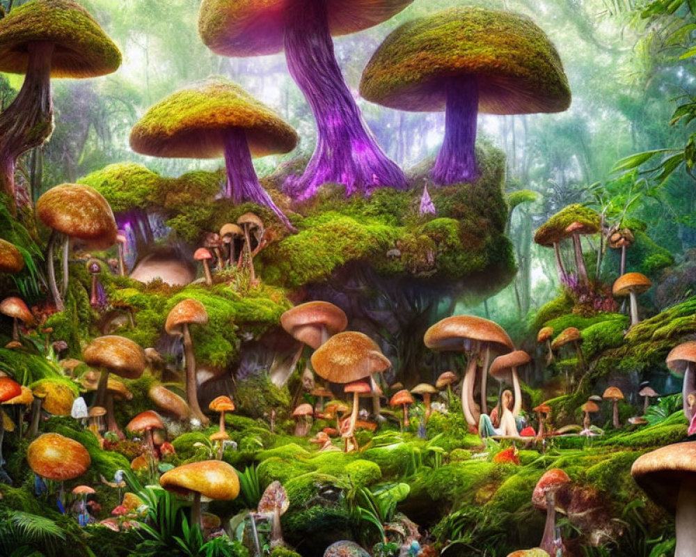 Colorful oversized mushrooms in an enchanting forest with a fairy-like figure