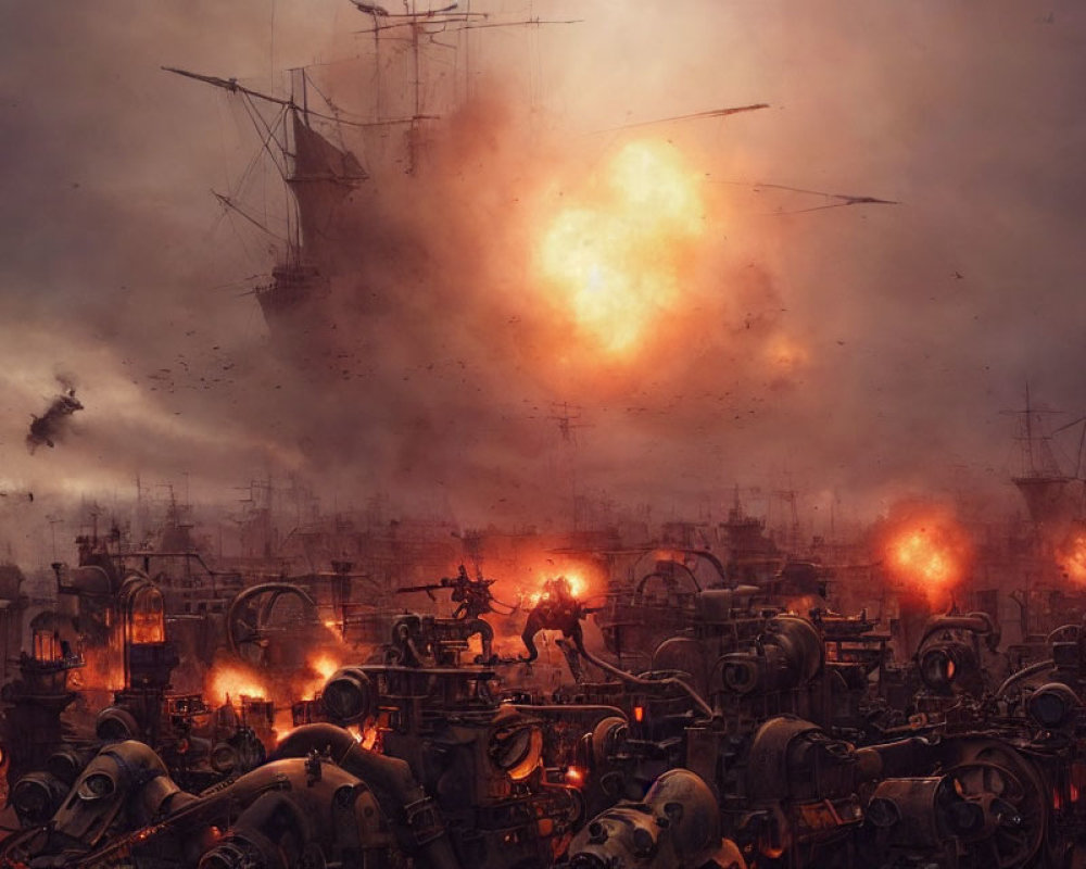 Dystopian battle scene with steampunk machinery and exploding ships
