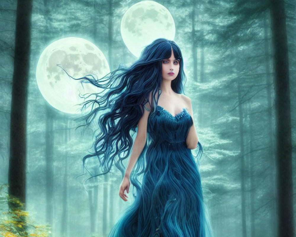Woman with long dark hair in blue dress in mystical forest under two full moons