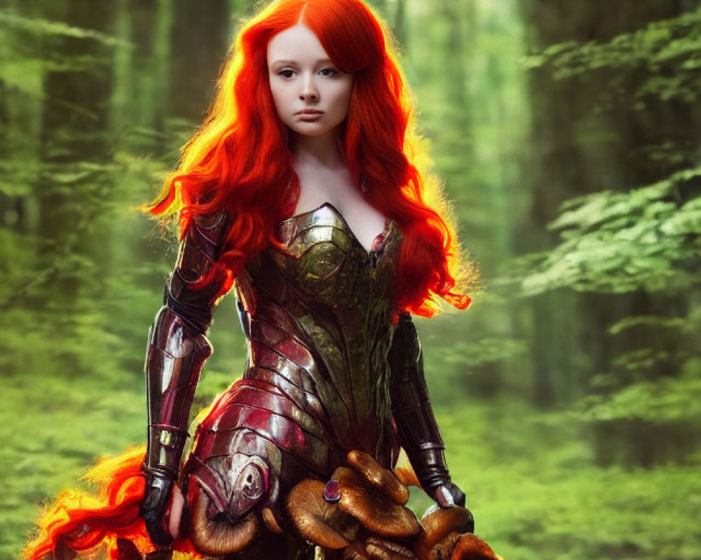 Fantasy armor woman with red hair in mystical forest with mushrooms