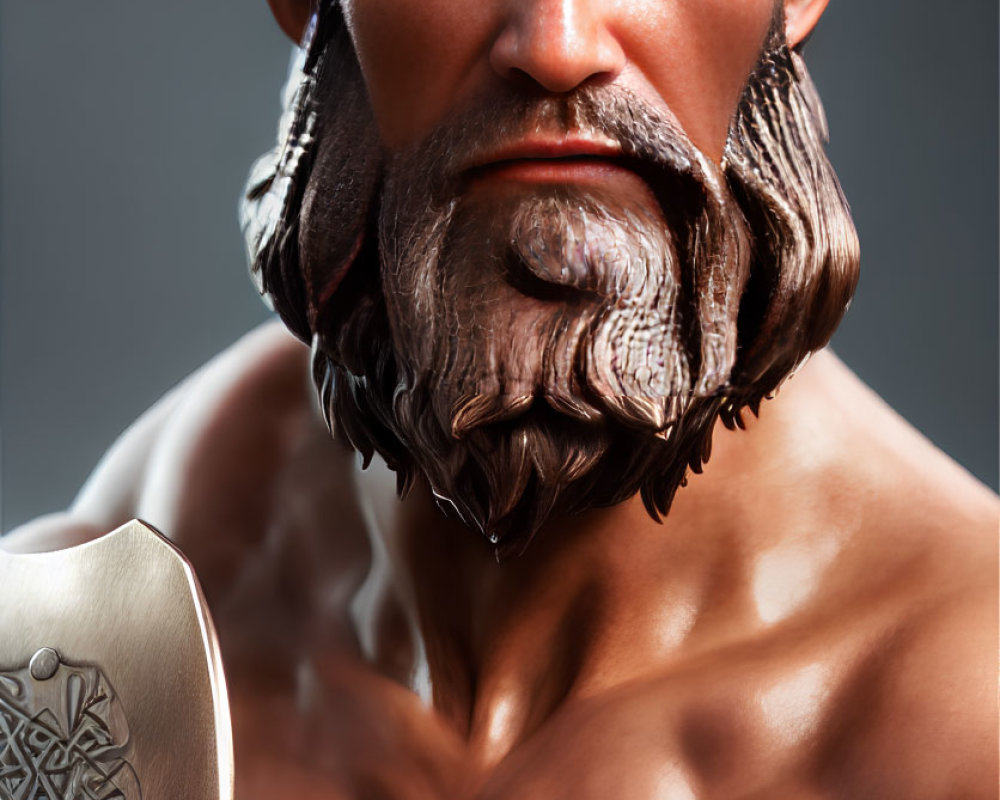 Muscular bearded warrior with braided hair holding axe in digital art.