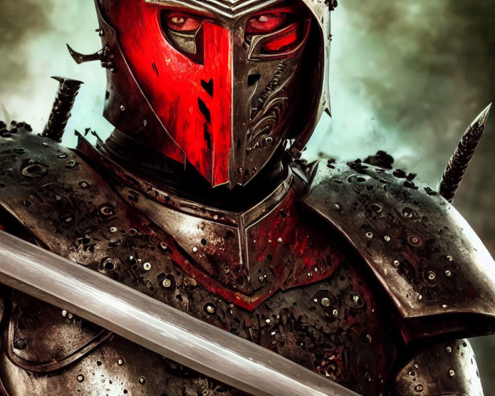 Detailed Dark Medieval Armor with Red Accents and Drawn Sword in Misty Setting
