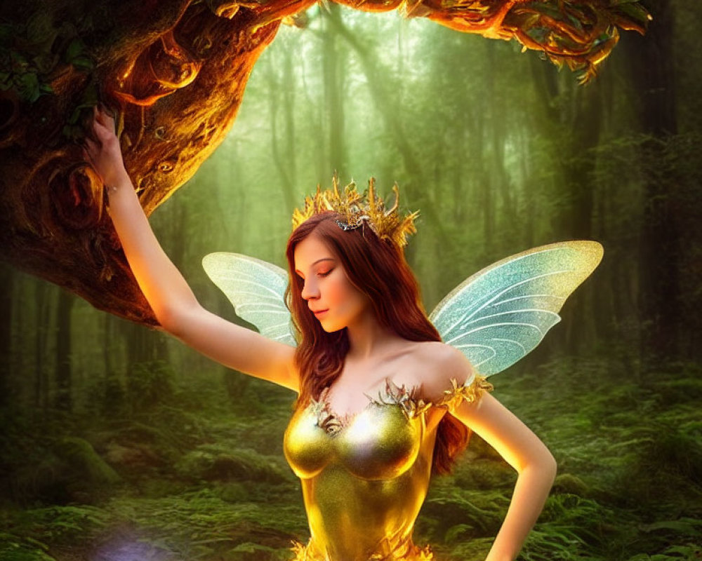 Enchanting fairy with iridescent wings in mystical forest