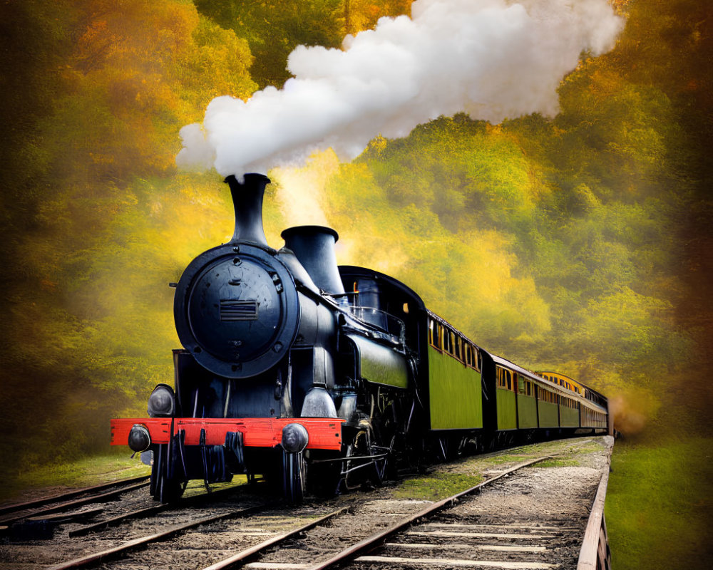 Vintage steam locomotive pulling green carriages through autumn forest with yellow leaves