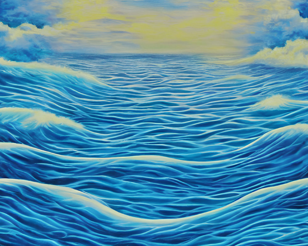 Blue sea with dynamic waves under a sky transitioning to warm yellow glow