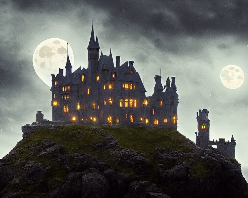 Gothic castle on rocky hill under stormy sky with two moons