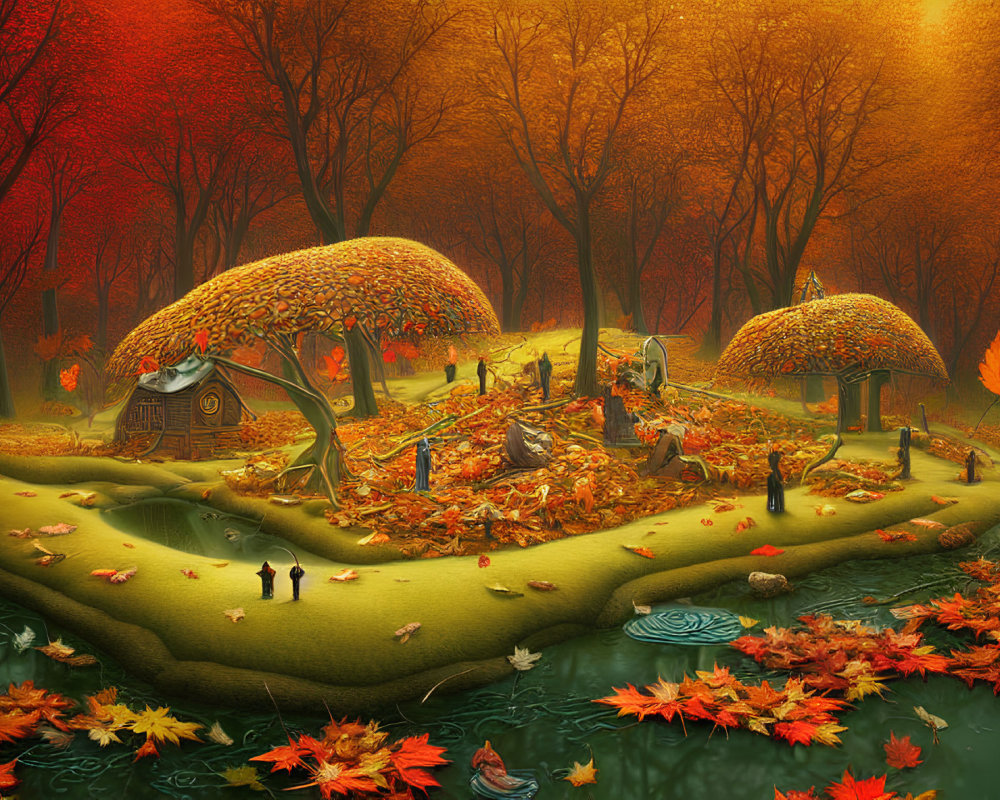 Whimsical mushroom houses in enchanting autumn landscape