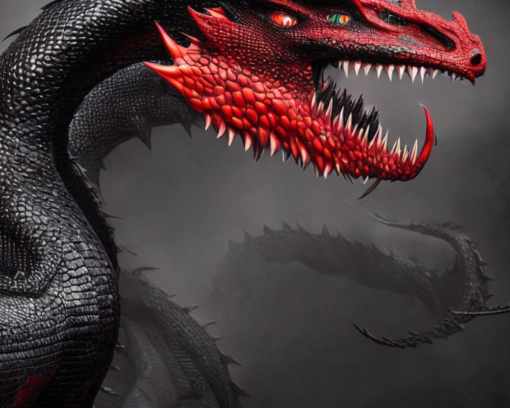 Red and Black Dragon with Glowing Eyes and Sharp Teeth on Dark Background