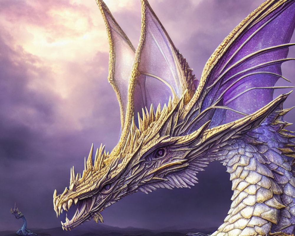 Detailed Illustration: Majestic Purple Dragon in Stormy Sky
