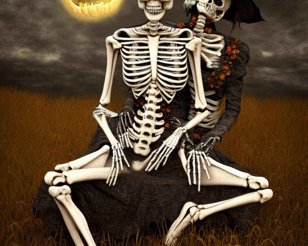 Skeletons in field under full moon with witch hat & jack-o'-lantern.