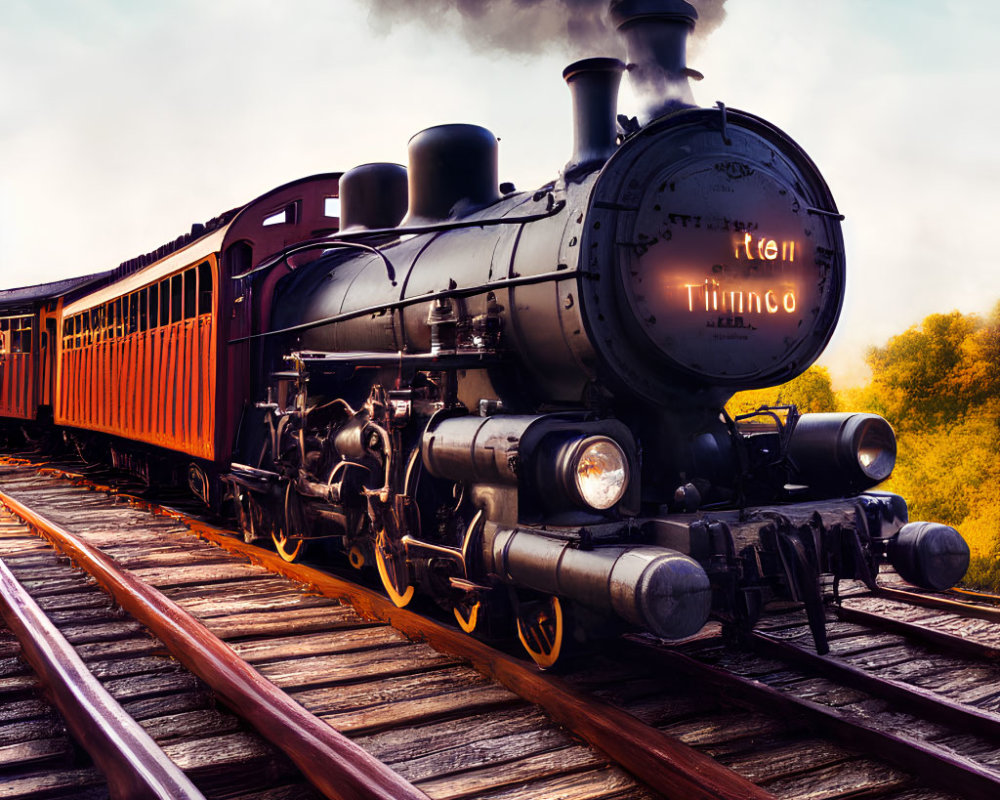 Classic steam locomotive chugging through autumnal landscape on railway tracks