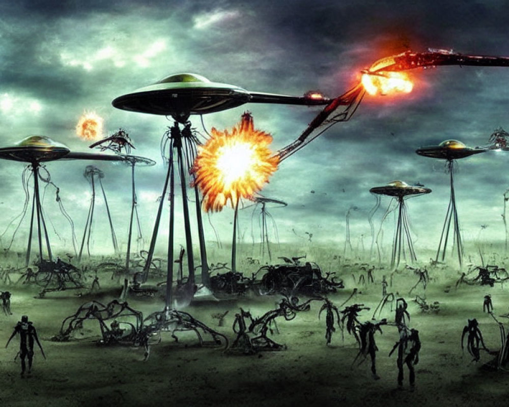 Alien Invasion Scene: Tall Tripod War Machines on Desolated Landscape