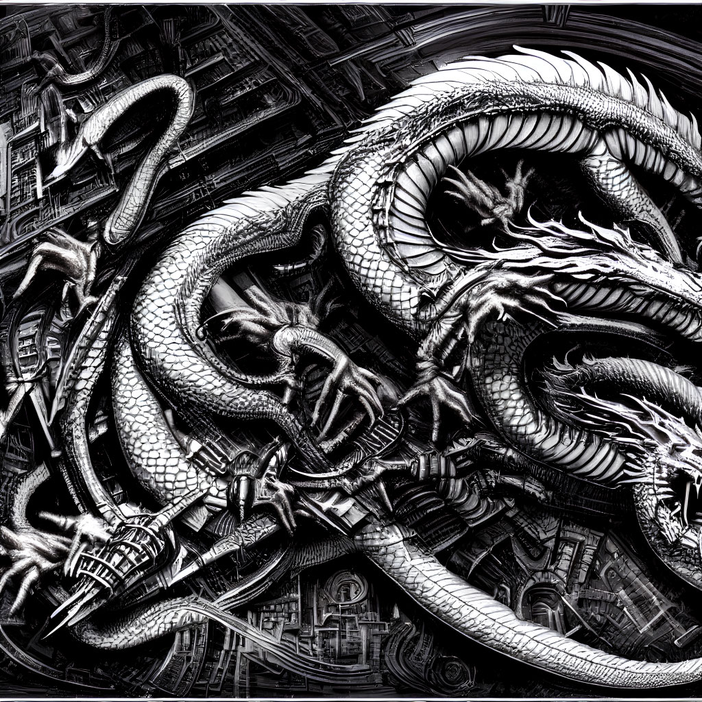 Detailed Black and White Image: Serpentine Dragons Among Mechanical Structures