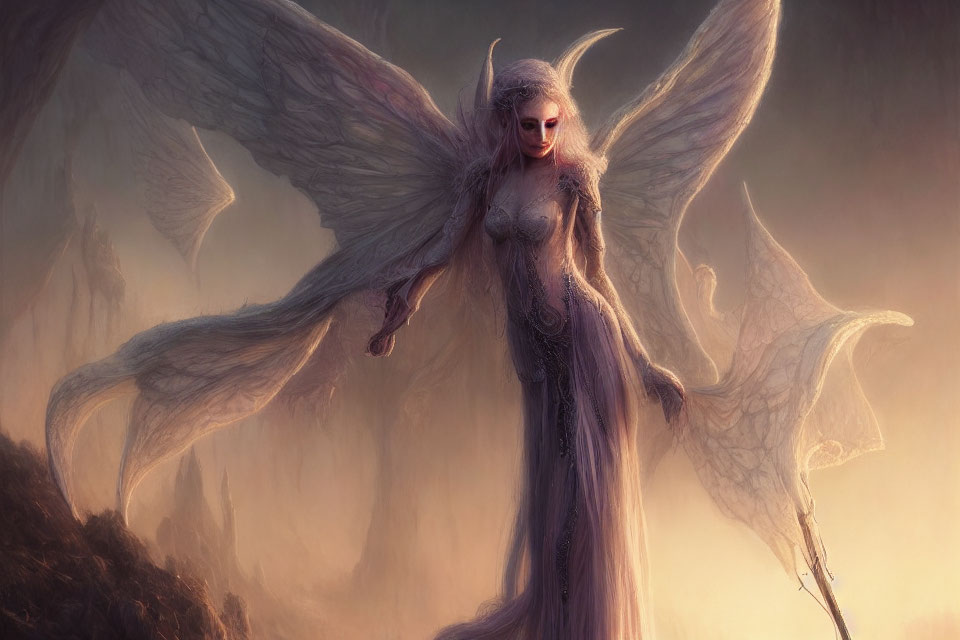 Mystical fairy with expansive wings in ethereal landscape