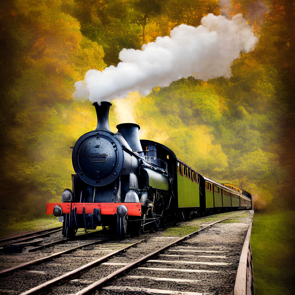 Vintage steam locomotive pulling green carriages through autumn forest with yellow leaves