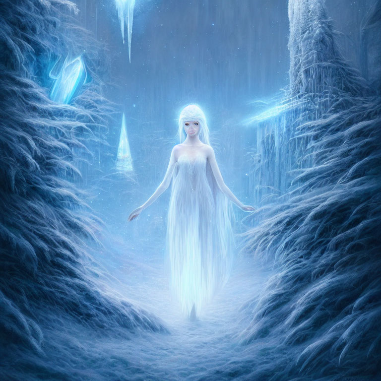 Glowing figure with white hair in snowy enchanted forest
