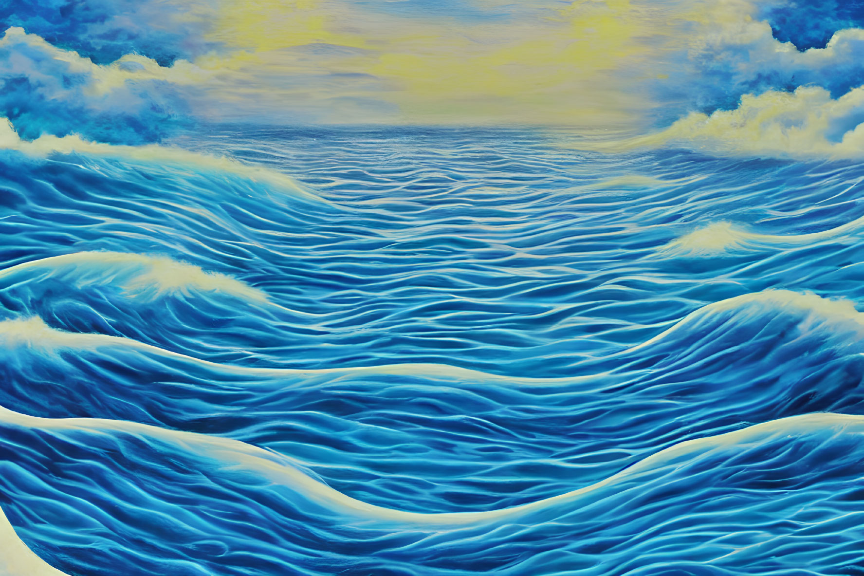 Blue sea with dynamic waves under a sky transitioning to warm yellow glow