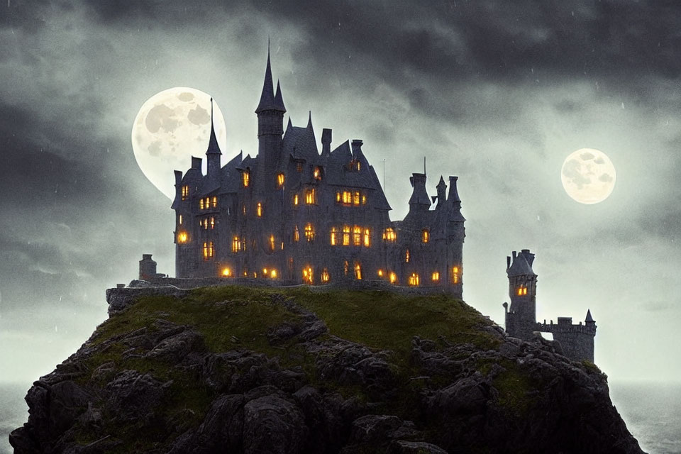 Gothic castle on rocky hill under stormy sky with two moons
