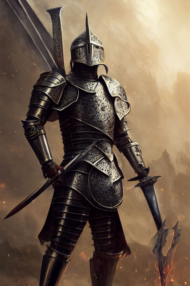 Armored knight with sword and damaged lance in smoky battlefield