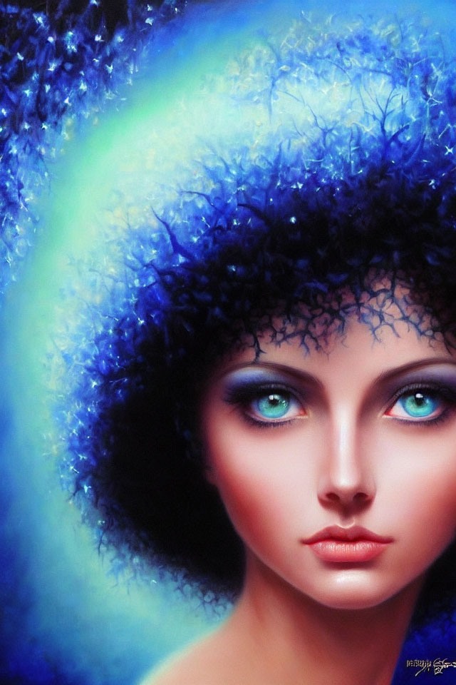 Portrait of woman with blue eyes, luminescent hair, and mysterious aura