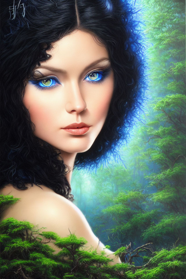 Digital artwork: Woman with blue eyes, black hair, pale skin, mystical green forest.