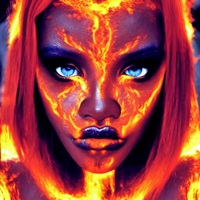 Fiery orange and yellow face paint with blue eyes and red hair