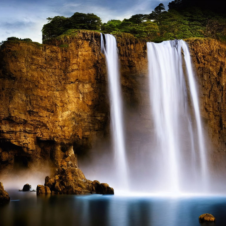 Majestic waterfall cascading into serene pool surrounded by lush greenery