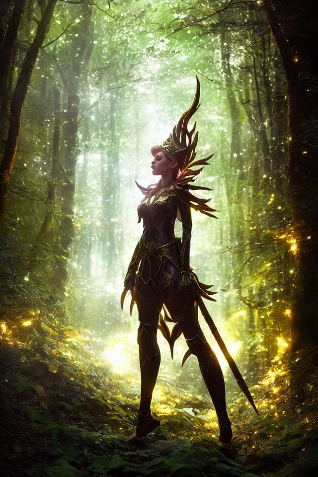 Fantasy female character in elaborate armor in enchanted forest