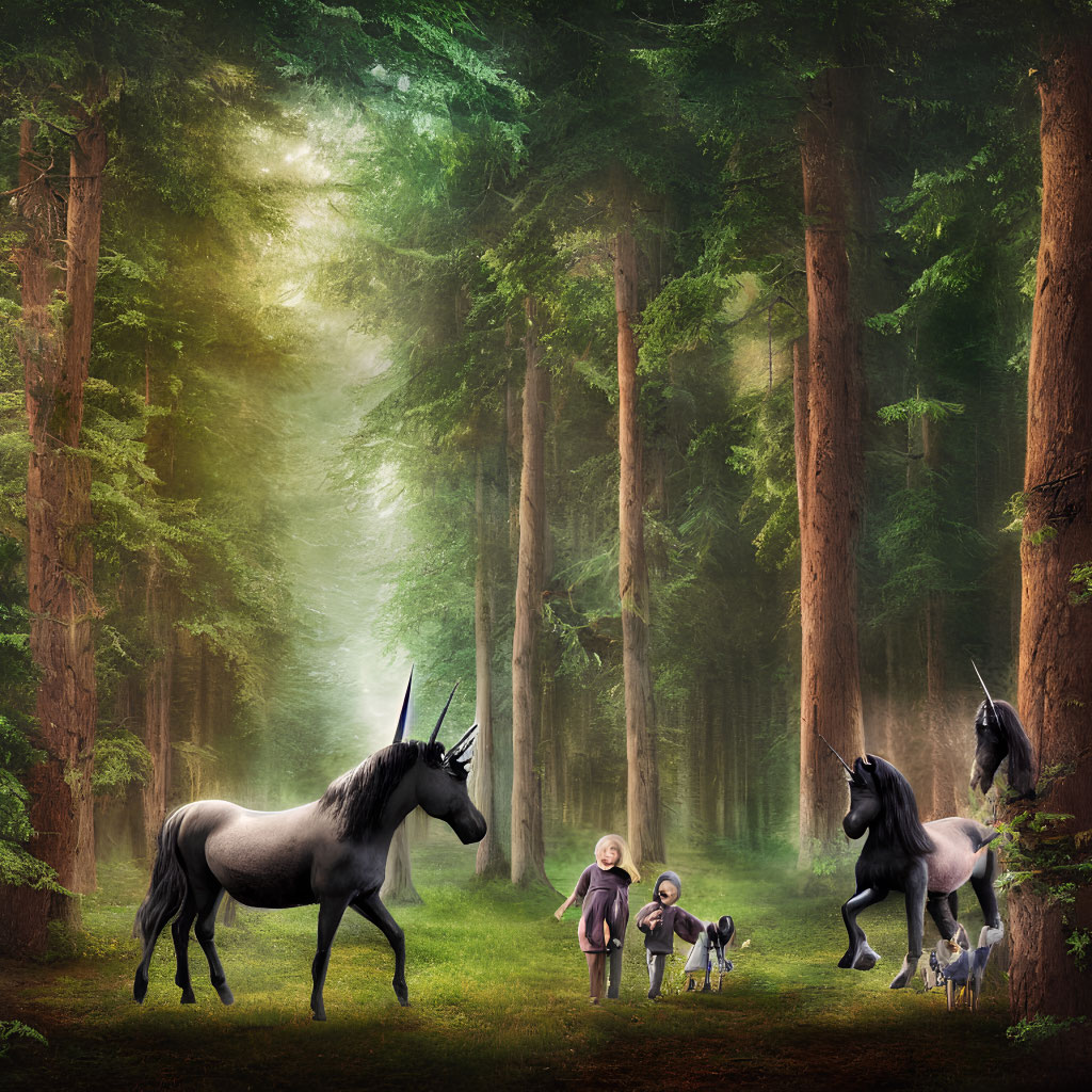 Children and goats encounter grey and black unicorns in misty forest