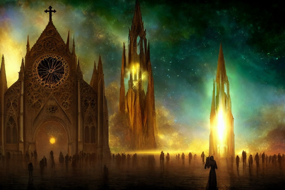 Gothic Cathedrals with Glowing Windows and Starry Sky