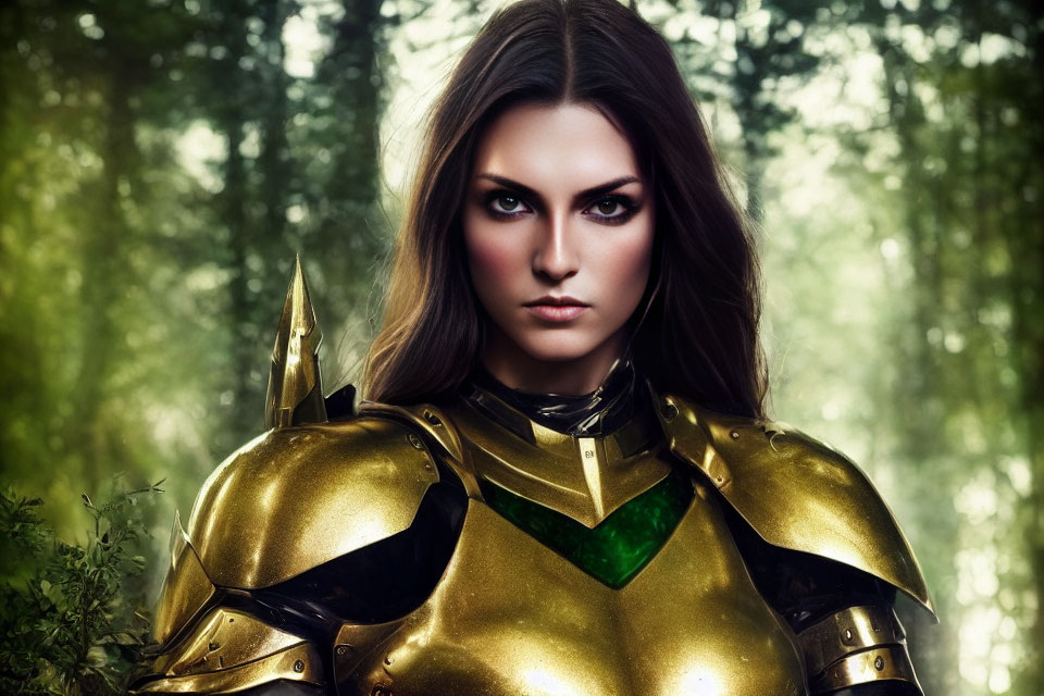 Woman in Golden Armor with Green Gemstone Stands Assertively in Misty Forest