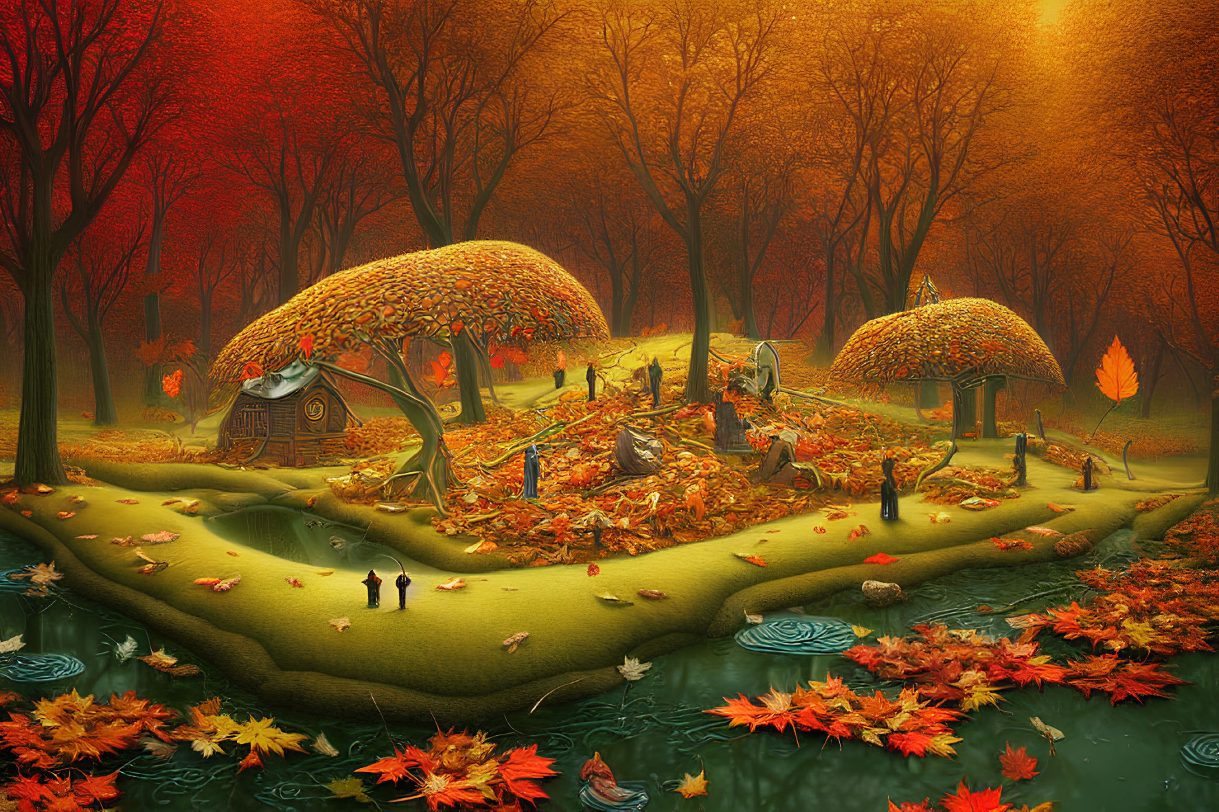 Whimsical mushroom houses in enchanting autumn landscape