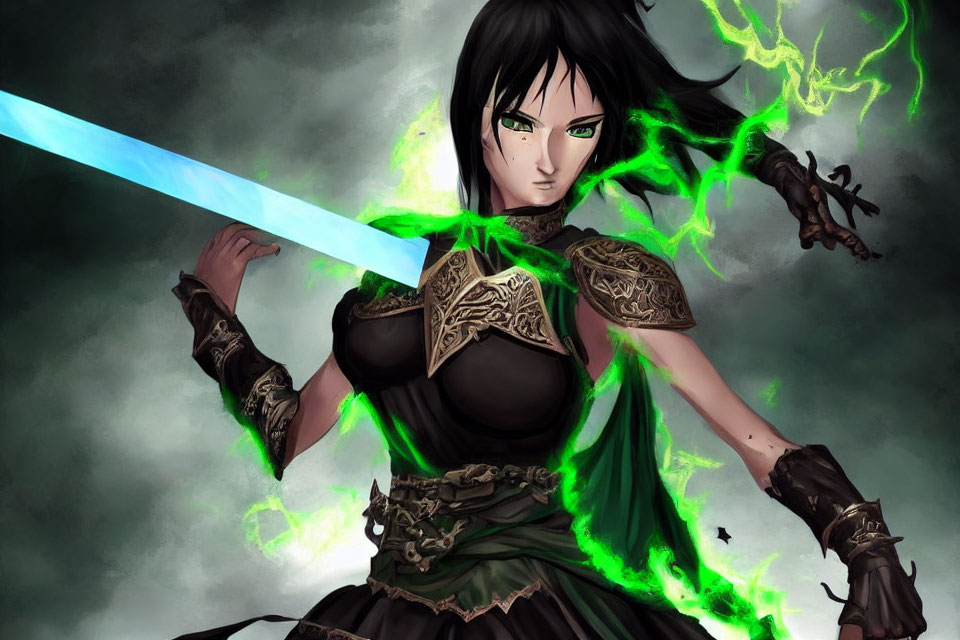 Female warrior with green eyes wielding glowing blue sword and green magical energy.
