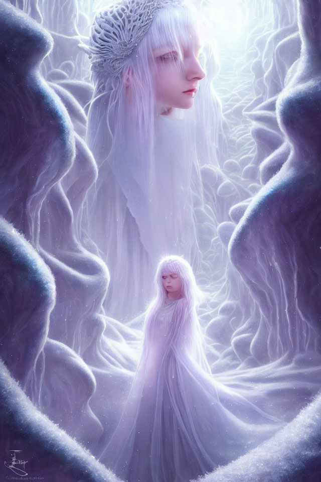 White-haired woman in mystical frosty landscape wearing delicate headdress.